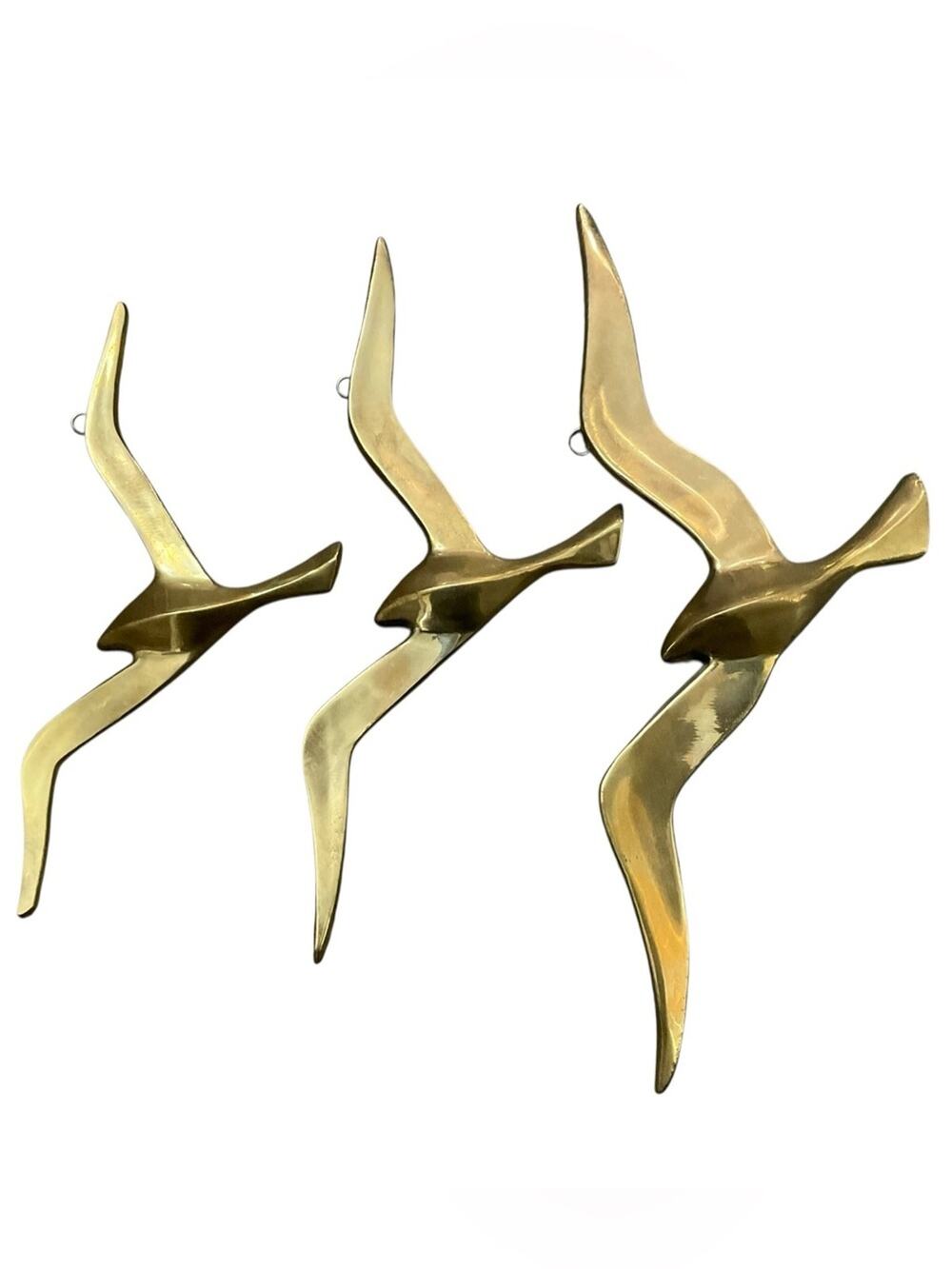 Gold Brass Seagulls Wall Decor 3 Piece Set Vintage 1960’s Coastal Accent EUC